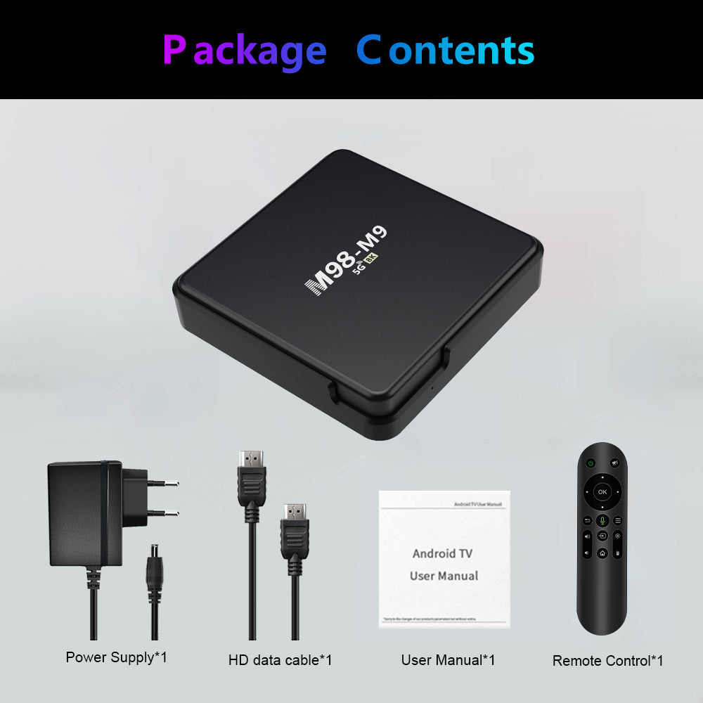 Package contents including a black electronic device, power supply, HD data cable, user manual, and remote control on a gray background.