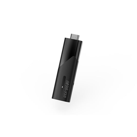 M98-Y10 TV stick featuring 4K Ultra HD resolution, Android 10, compact design, HDMI connection, and remote control for enhanced smart TV streaming experience.