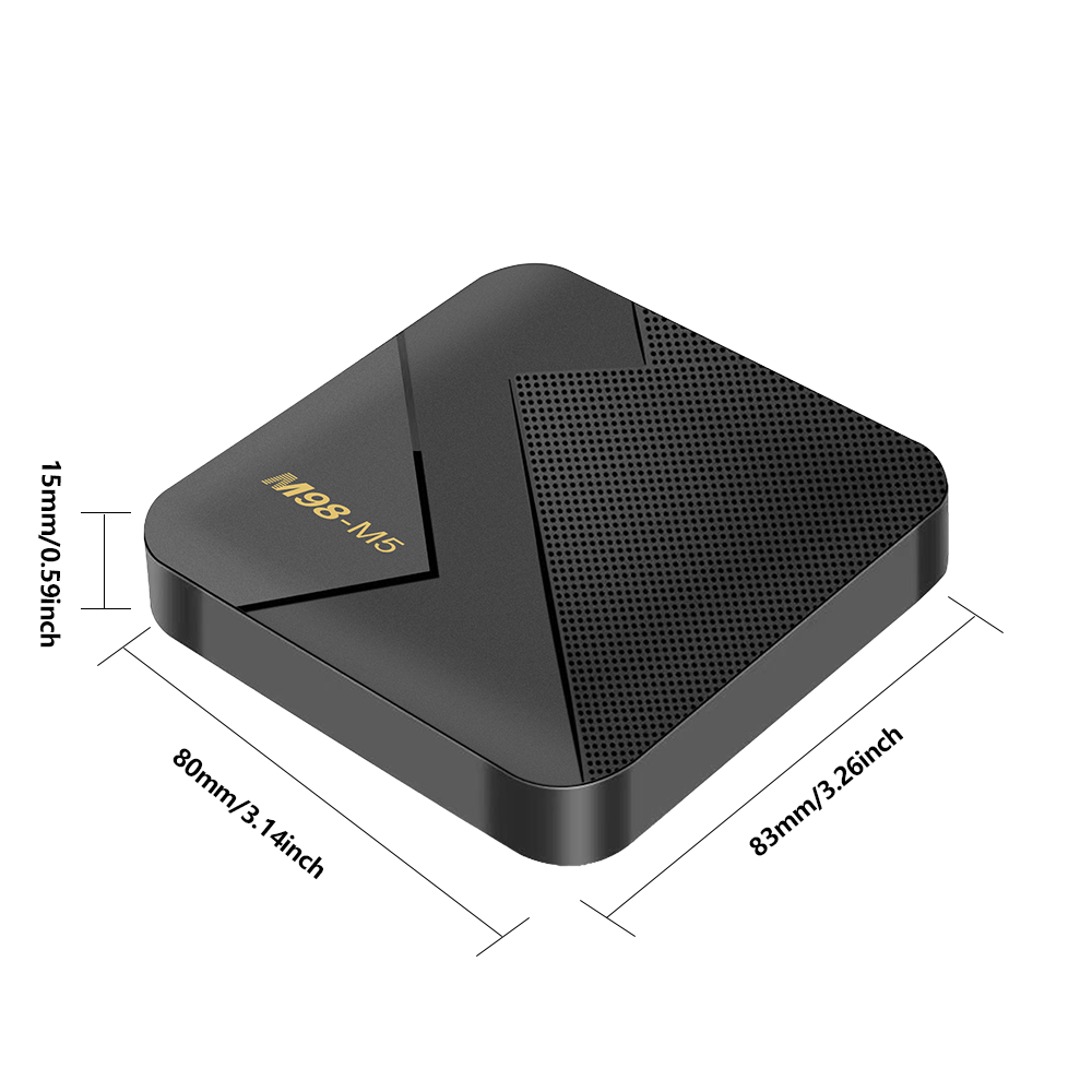 M98-M5 with labeled dimensions, featuring a compact and modern black design for easy placement