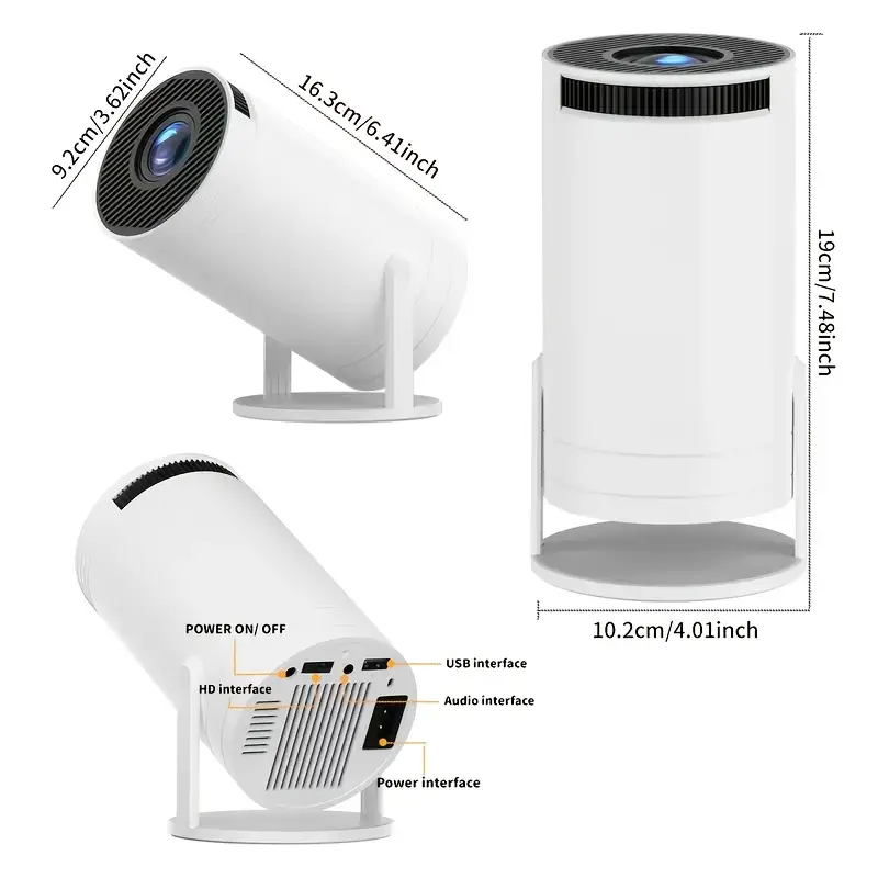 Image showcasing the F100 with dimensions of 19cm height and 10.2cm diameter, featuring a sleek white design and adjustable stand, ideal for home theater and multimedia presentations, with detailed views of the power, USB, audio, and HD interfaces for easy connectivity.