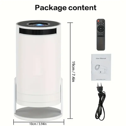 Compact white F100 mini projector standing 19cm tall and 10cm wide, accompanied by a remote control, user manual, and power cord, ideal for home entertainment and presentations, with clear dimensions highlighted for SEO.
