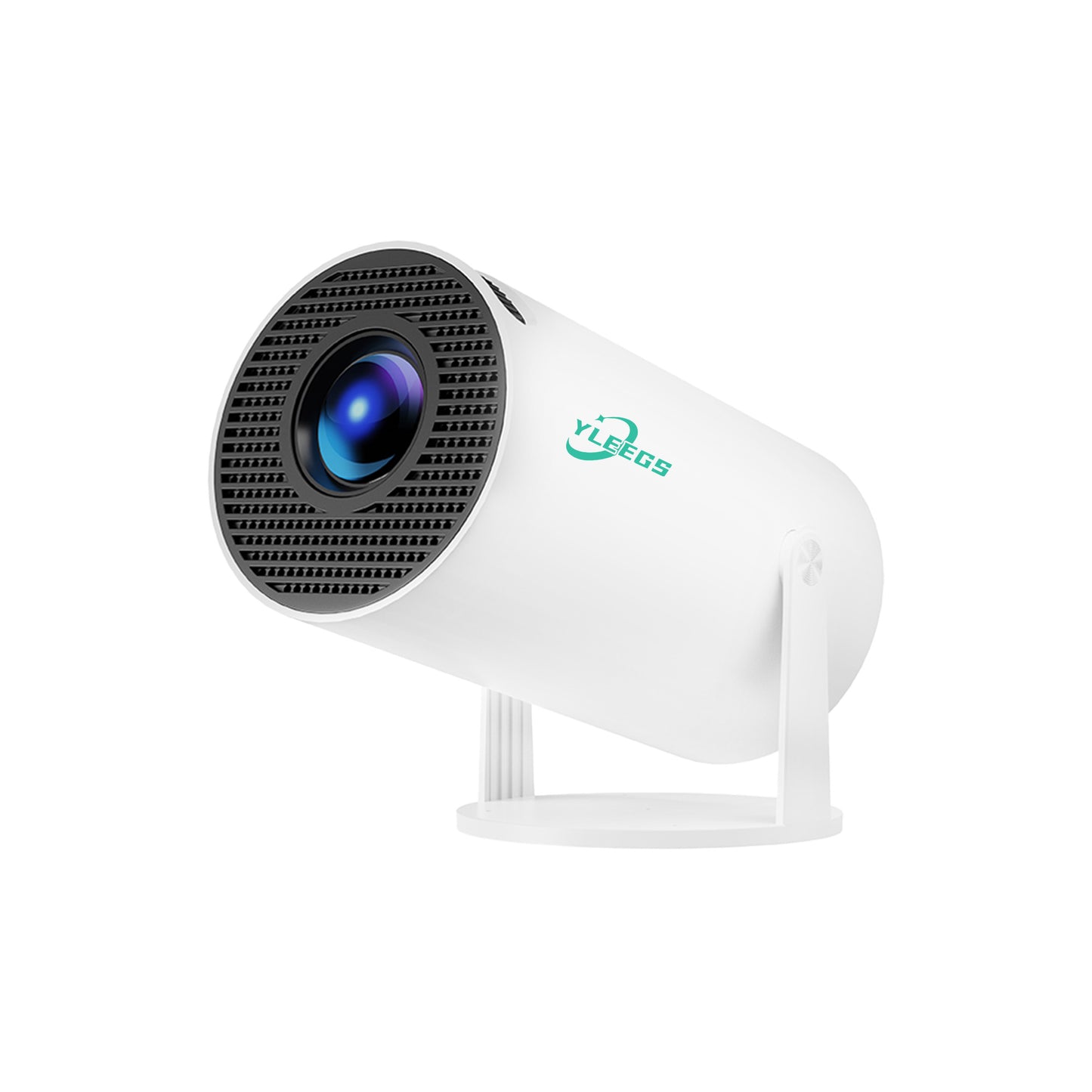 White F100 Projector with a black front grille and blue lens, positioned on a white stand against a white background.