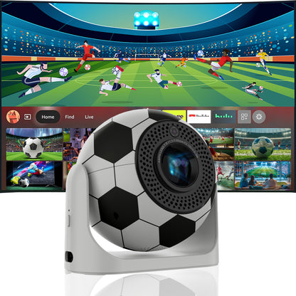 Innovative football-shaped projector JY360 with integrated camera, 4K resolution, and smart streaming capabilities, ideal for sports viewing, outdoor movies, and entertainment at home or on the go.