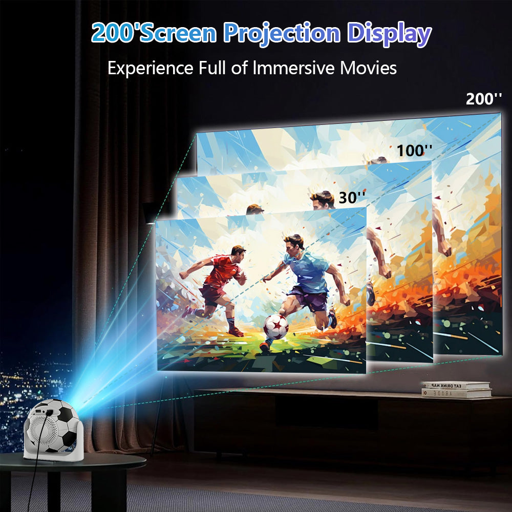Compact football-shaped projector with Wi-Fi 6 connectivity, delivering immersive large-screen viewing for sports, movies, and gaming in home theaters or outdoor settings.