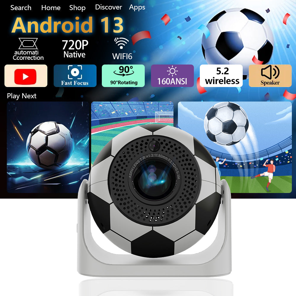 Football-inspired compact projector JY360 with integrated camera, 4K resolution, Wi-Fi 6, and 160 ANSI lumens, perfect for sports streaming, outdoor movies, and home entertainment.