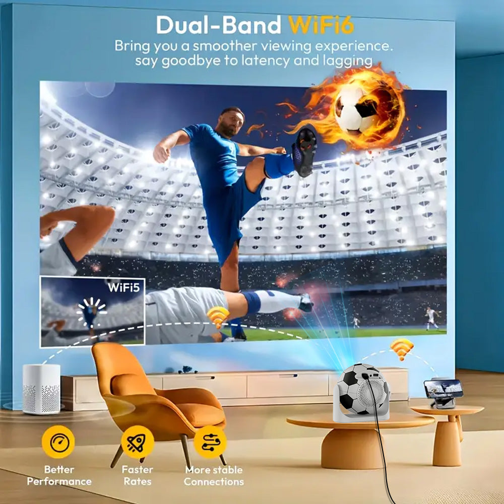 Innovative football-inspired portable projector with 200-inch screen, delivering immersive movie experiences, ideal for outdoor entertainment, sports events, and home theater setups.