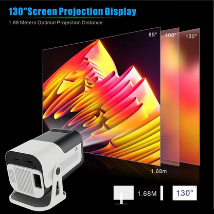 JY320 projector showing 130-inch screen projection display at 1.68 meters optimal projection distance