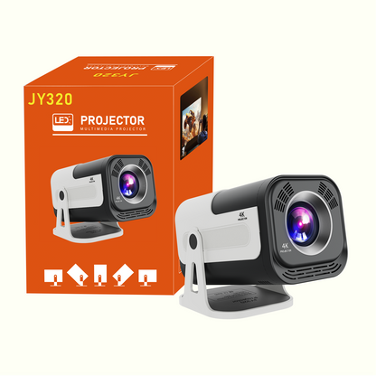 JY320 4K projector and retail box — Android smart projector for home cinema and entertainment