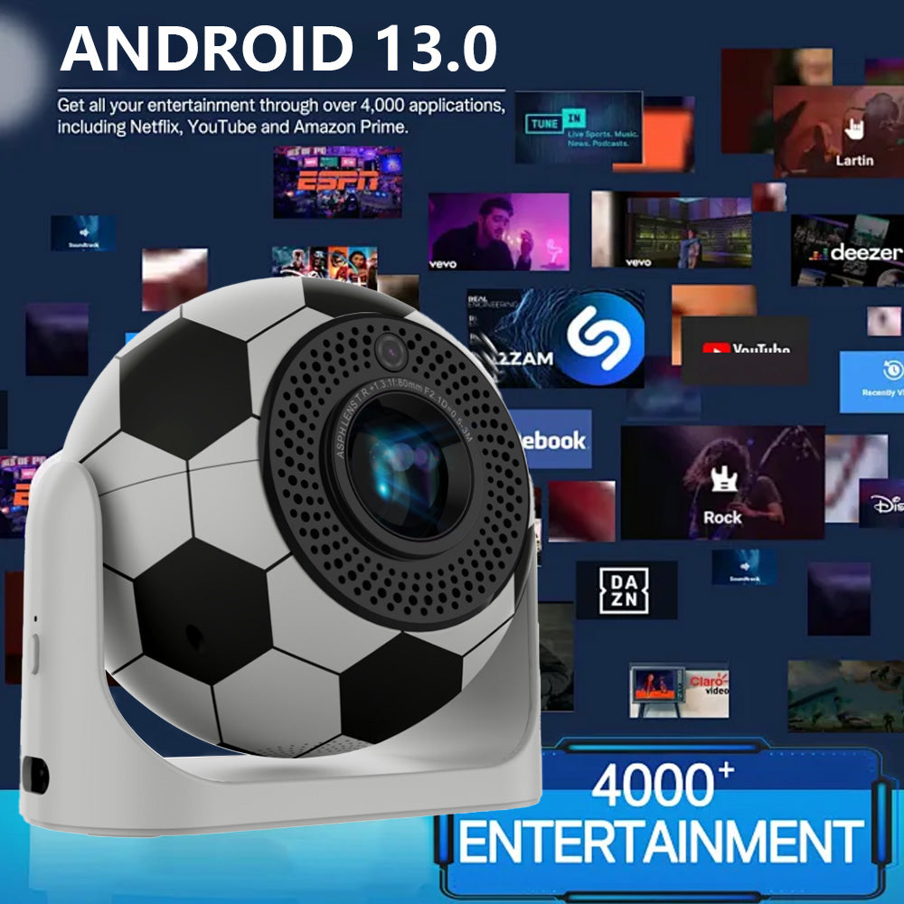 JY360 Foot Shape Projector showcasing innovative design with soccer ball-inspired appearance, supporting Android 13.0 with access to over 4,000 entertainment apps including Netflix, YouTube, and Amazon Prime for immersive media experience.