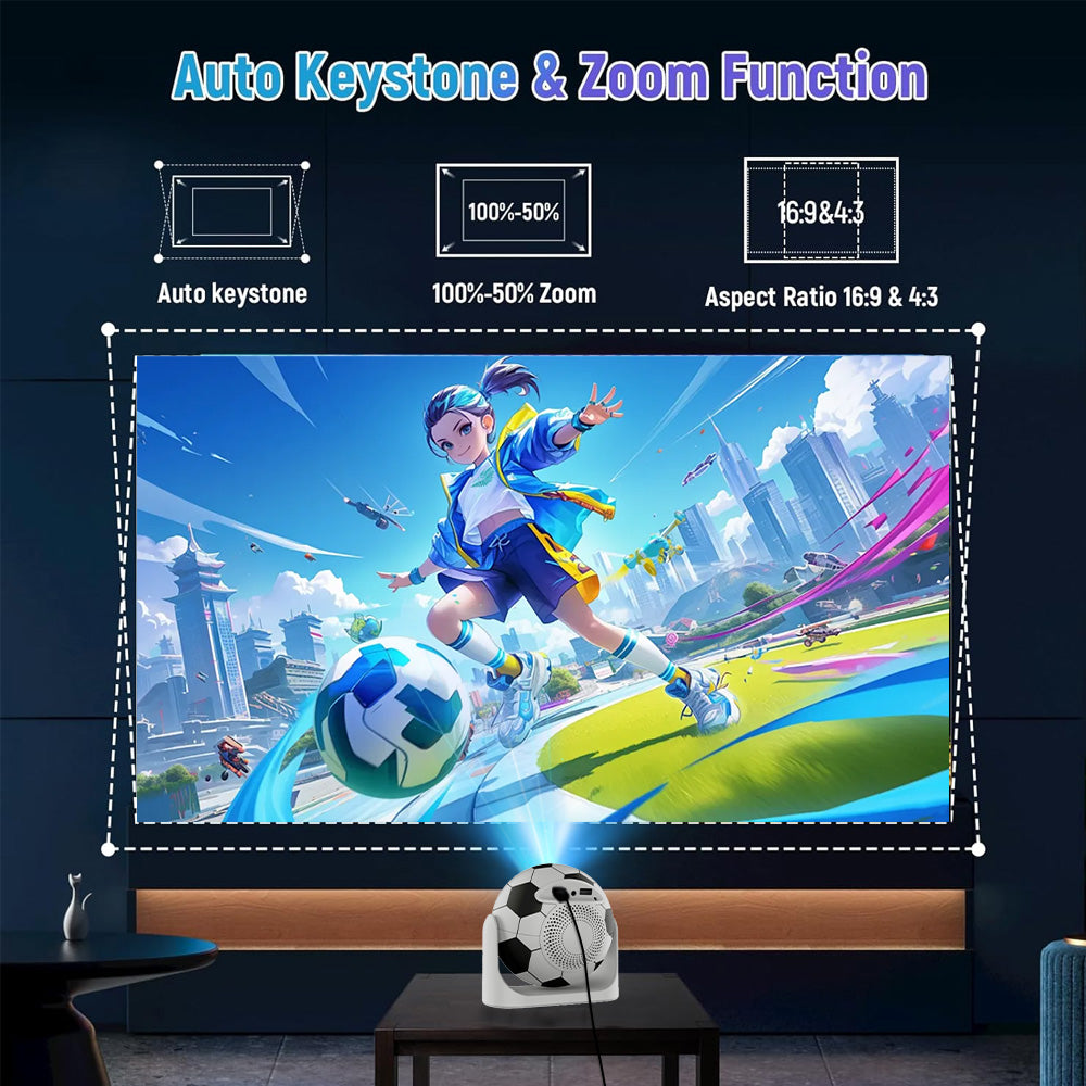 JY360 Foot Shape Projector featuring soccer ball-inspired design with auto keystone and zoom capabilities, ideal for immersive entertainment and gaming experiences.