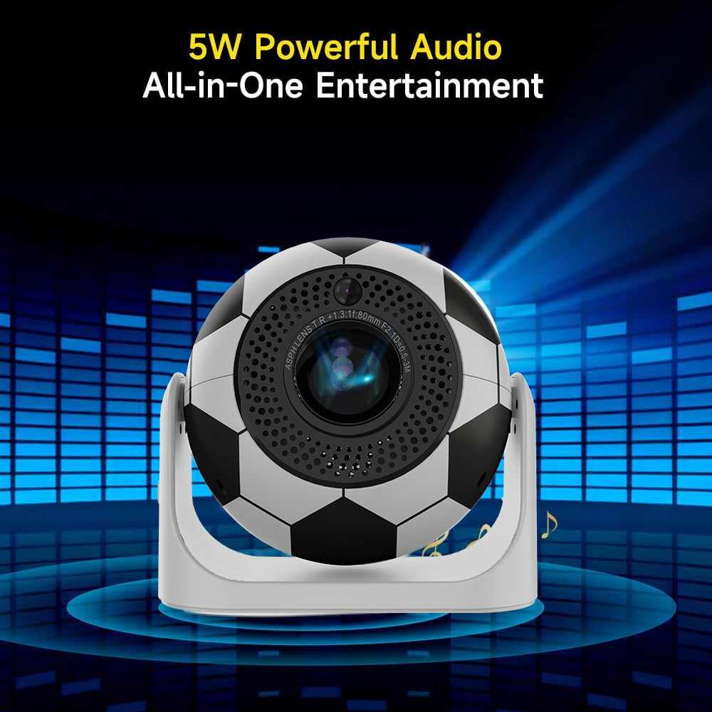 JY360 Foot Shape Projector featuring soccer ball-inspired design with 4K HD resolution, auto keystone correction, and zoom function for immersive entertainment and gaming experiences.