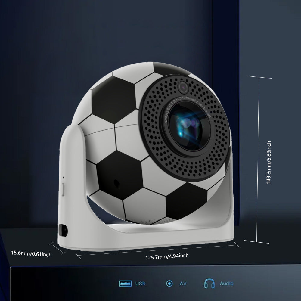 JY360 Football Shape Projector featuring a realistic football design, 4K HD resolution, auto keystone correction, and adjustable stand for immersive home entertainment, gaming, and sports viewing experiences.