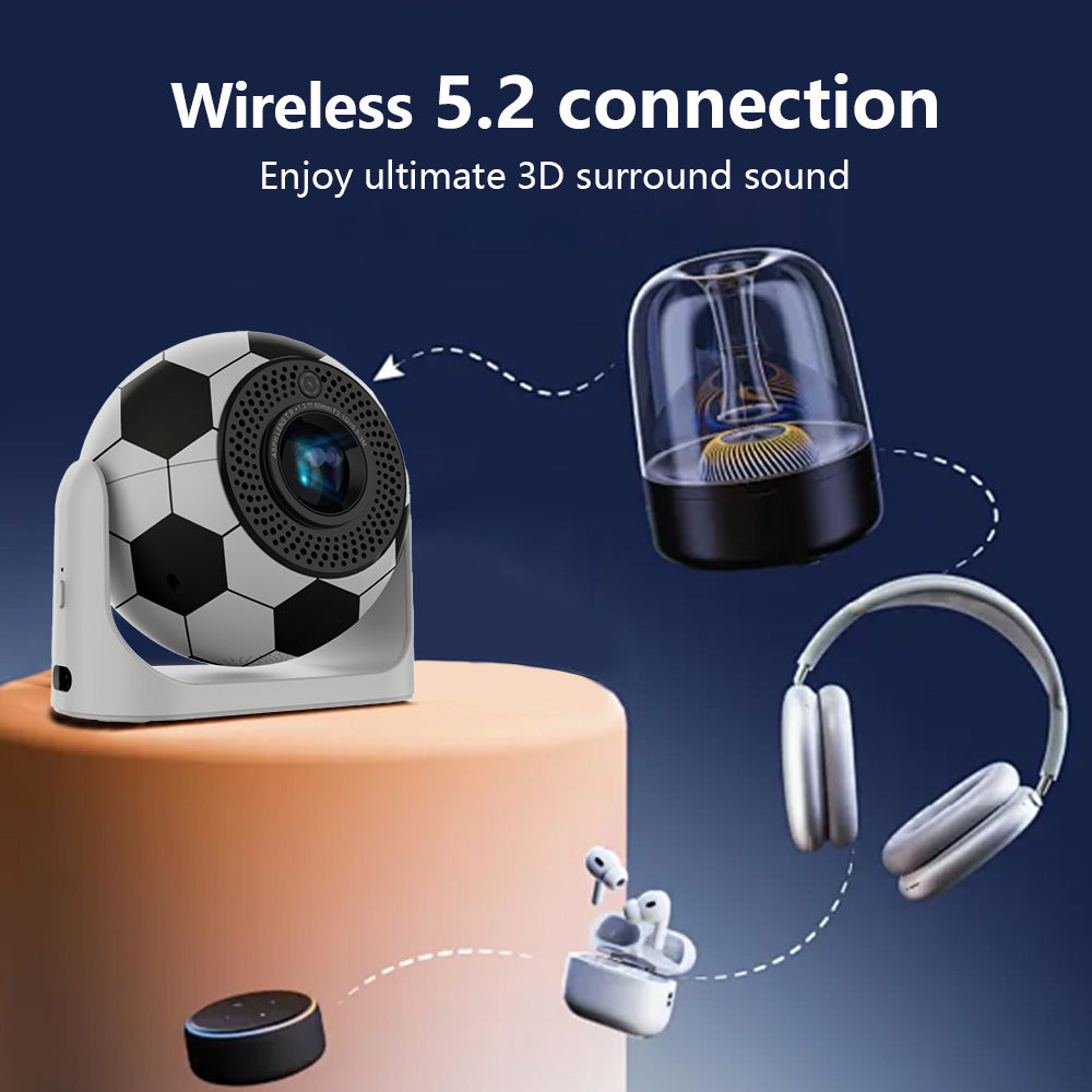 JY360 Football Shape Projector featuring realistic football design, 4K HD resolution, auto keystone correction, and zoom function for immersive home entertainment and gaming experiences.