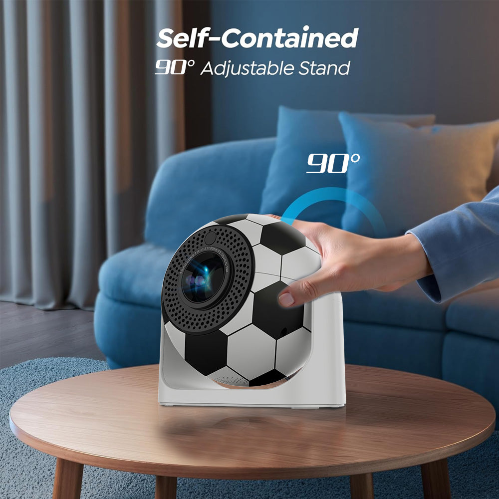 JY360 Football Shape Projector featuring a realistic football design, 4K HD resolution, auto keystone correction, and 90-degree adjustable stand for immersive home entertainment and gaming.