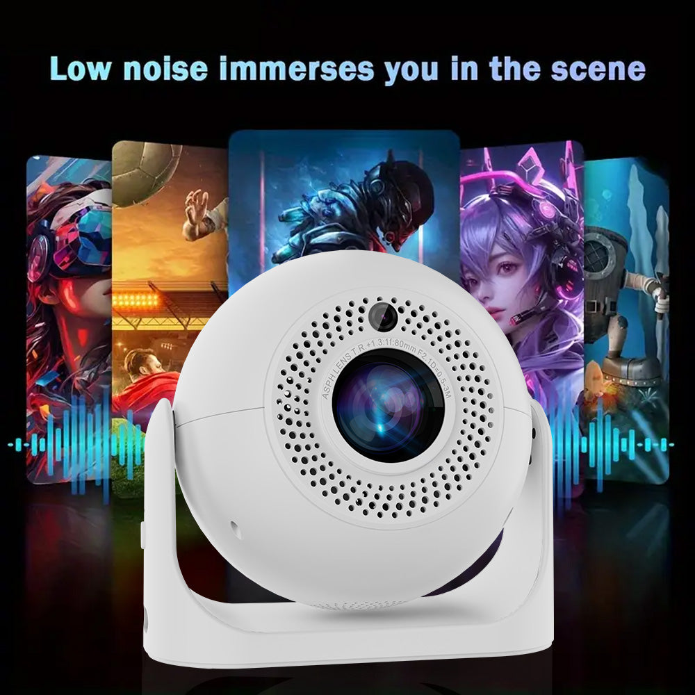 White JY360 portable projector with built-in camera, displaying colorful gaming and entertainment visuals on a screen, emphasizing its high-quality projection and immersive audio features