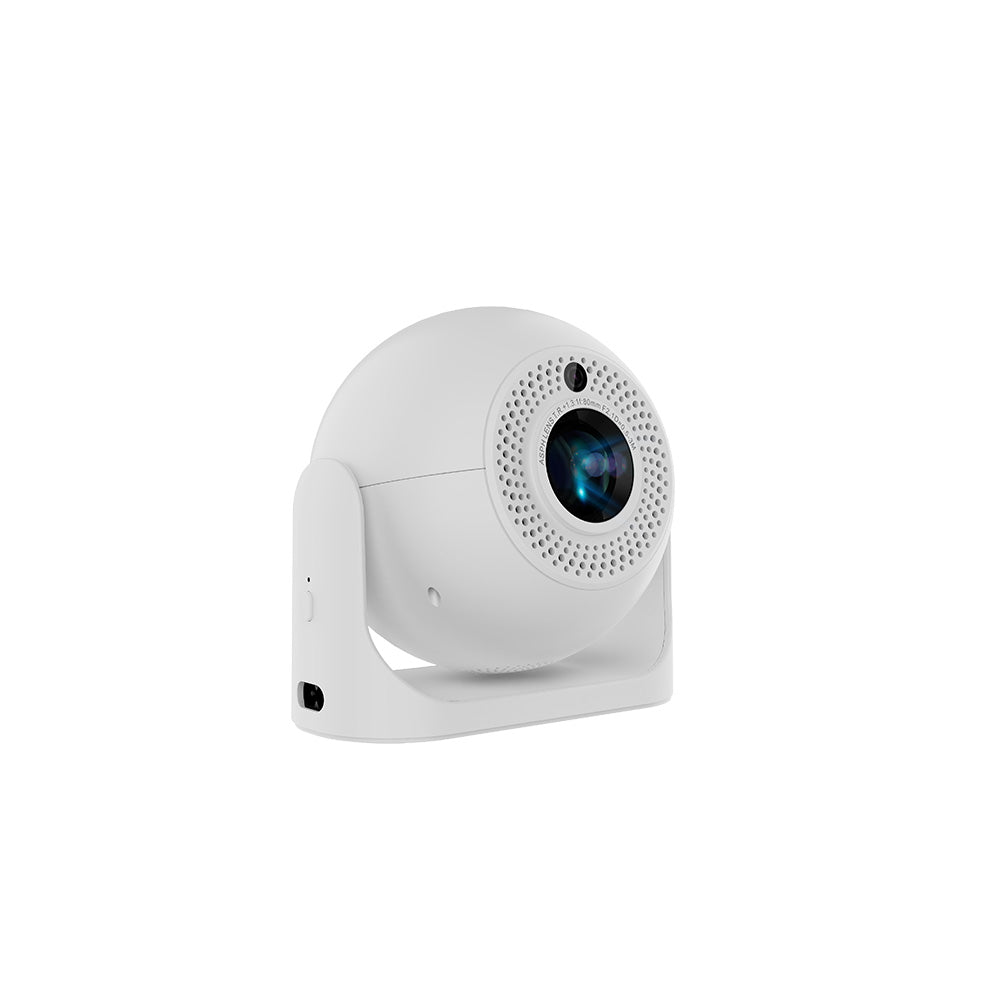 Compact white JY360 with integrated camera, featuring a spherical design and mounted on a stand, set against a plain white background.