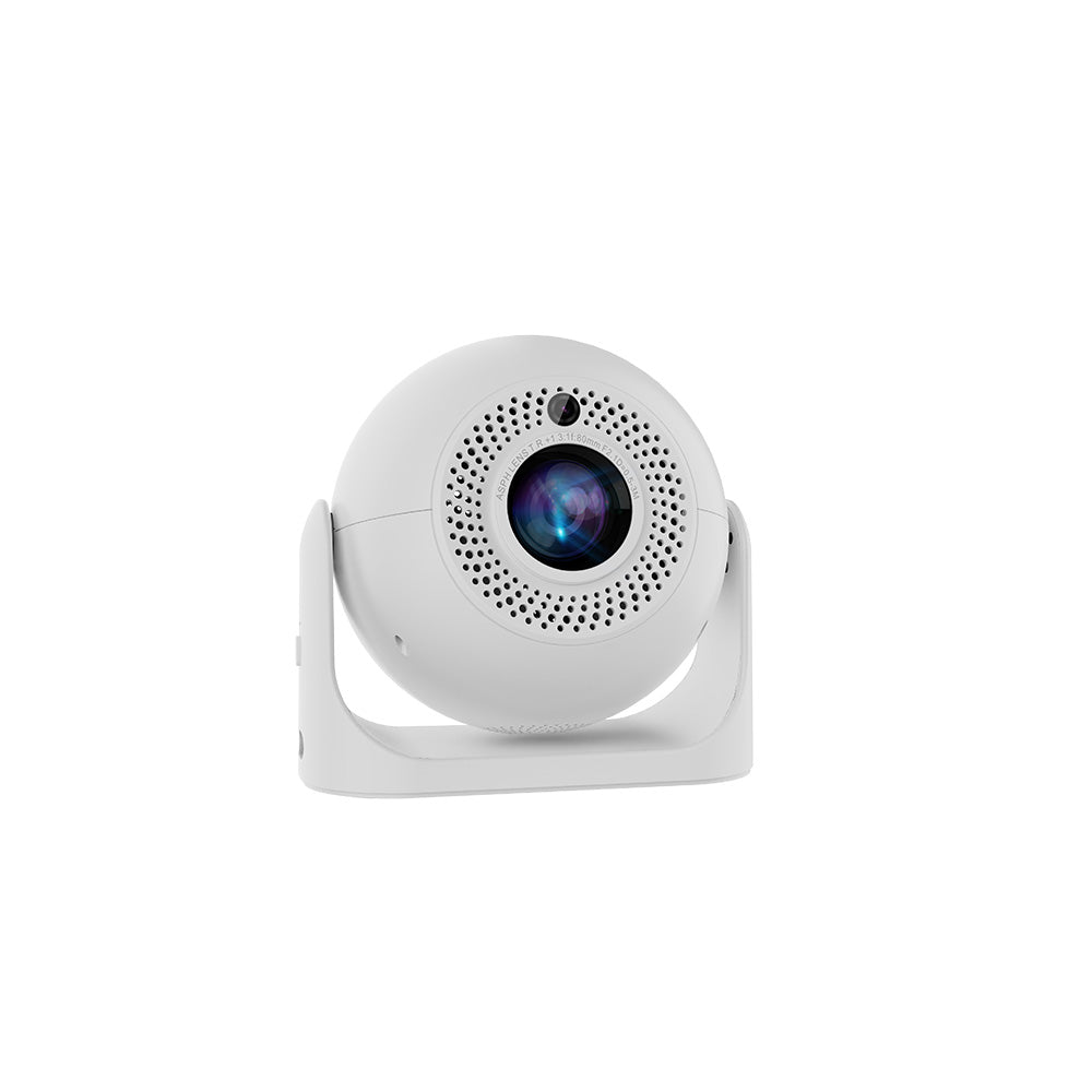 White JY360 projector with built-in camera, featuring a spherical design and mounted on a stand, isolated on a white background.