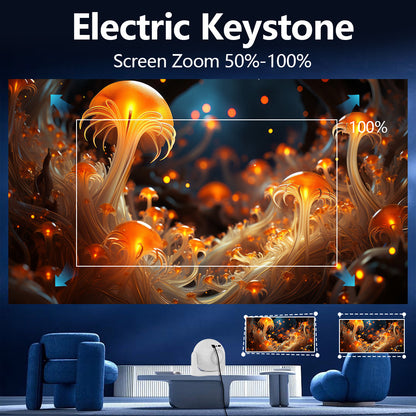 Close-up of a white JY360 projector with camera, projecting an vibrant abstract image of glowing orange and gold mushroom-like structures onto a screen in a dark room, highlighting the projector's advanced display capabilities.