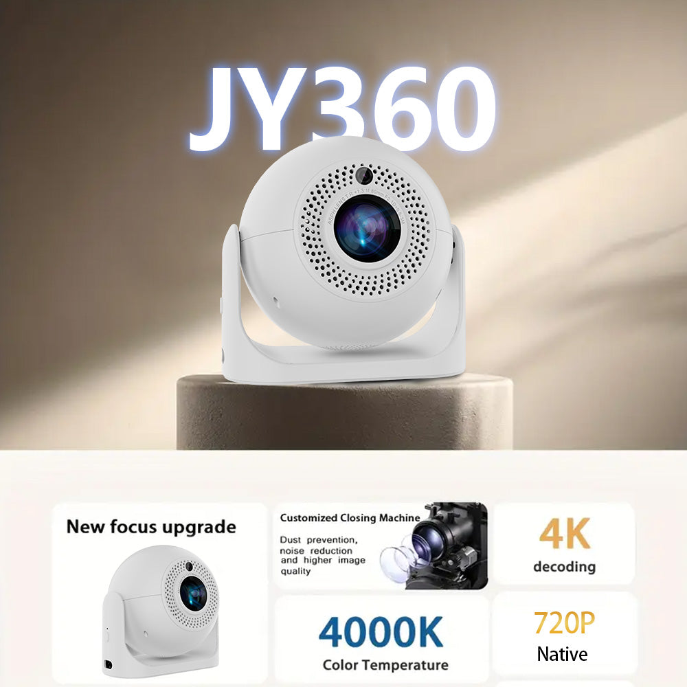 White security camera with JY360 branding on a beige background, featuring text about camera features.