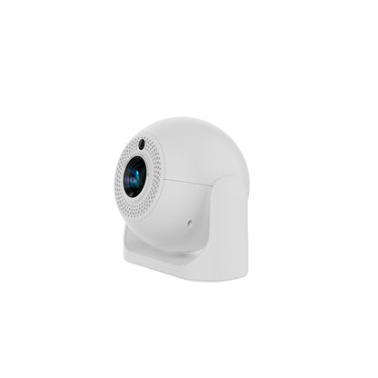 Modern white JY360 featuring a spherical design with a built-in camera, mounted on a stand, isolated on a plain white background.