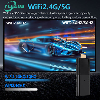 Close-up of the YLEGS I96D1 smart TV stick showing its sleek black design and HDMI connector, placed against a background of a high-speed racing car image illustrating fast internet speeds with WiFi 2.4GHz and 5GHz, emphasizing its dual-band WiFi capability for smooth 4K streaming and enhanced home entertainment.