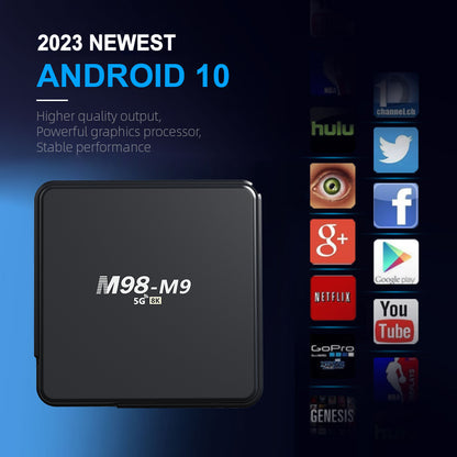 M98-M9 TV Box featuring Android 10, supporting 4K and 8K resolution, compact black design, ideal for smart TV streaming, compatible with popular apps like Netflix, YouTube, Facebook, and Google Play, offering high-quality output and stable performance.