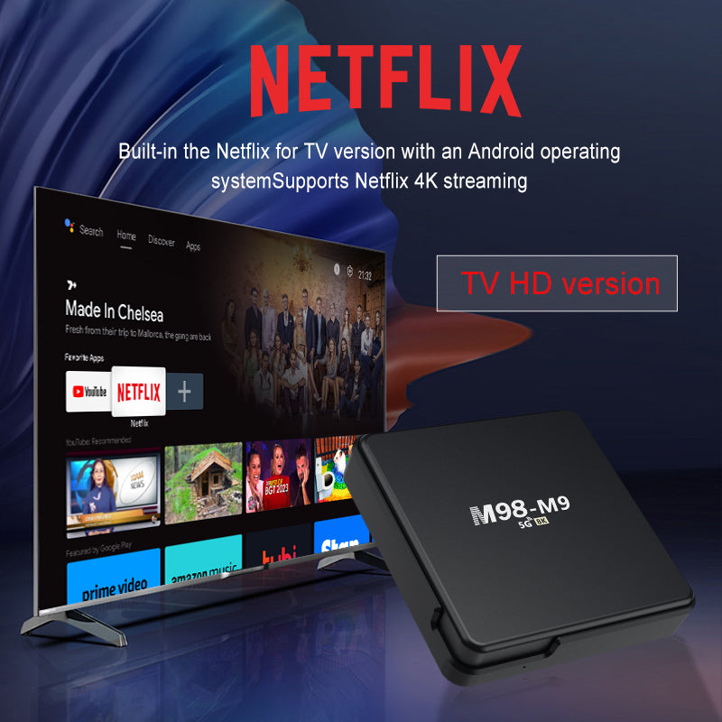 M98-M9 TV Box with built-in Netflix for TV, supporting 4K streaming and Android operating system, compact black design, ideal for smart TV entertainment, compatible with popular apps like YouTube, Netflix, Prime Video, and more