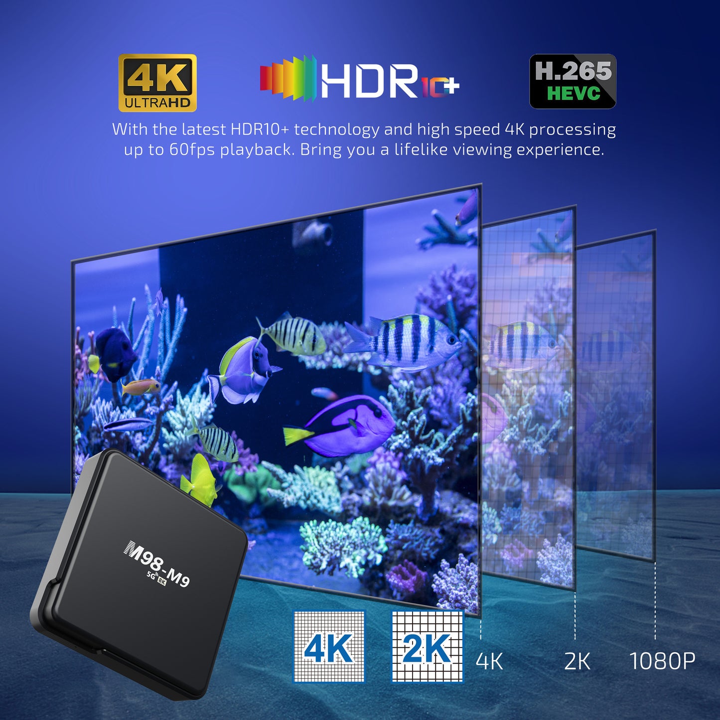 M98-M9 TV Box showcasing 4K Ultra HD resolution, HDR10+ technology, compact black design, compatible with smart TV streaming, featuring high-speed 4K processing, dual-band WiFi, and H.265 HEVC support for smooth viewing experience