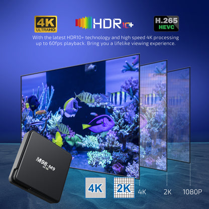 M98-M9 TV Box showcasing 4K Ultra HD resolution, HDR10+ technology, compact black design, compatible with smart TV streaming, featuring high-speed 4K processing, dual-band WiFi, and H.265 HEVC support for smooth viewing experience
