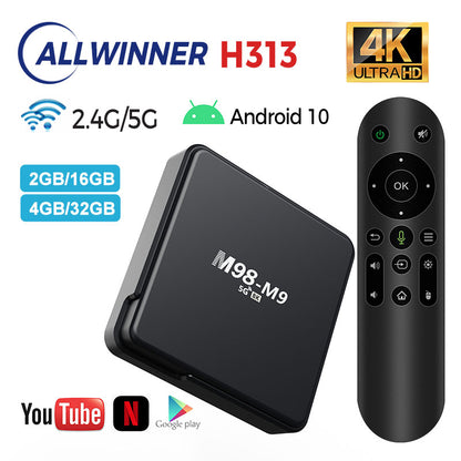 M98-M9 Android TV box with remote control on a white background