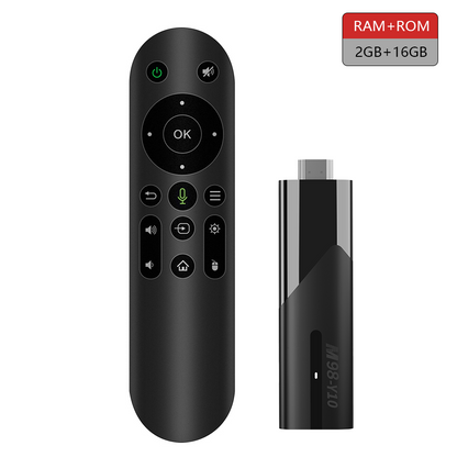 M98-Y10 TV stick with remote control, 2GB RAM and 16GB ROM, supporting 4K Ultra HD streaming, Android 10, and compact design for smart TV entertainment.
