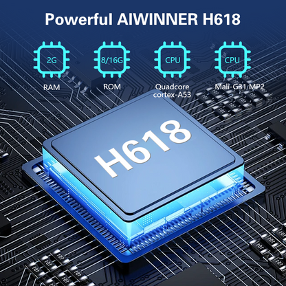 M98-Y10  featuring the powerful AIWINNER H618 chip, 2GB RAM, 8/16GB ROM, quad-core Cortex-A53 CPU, Mali-G31 MP2 GPU, and 4K Ultra HD streaming capabilities.