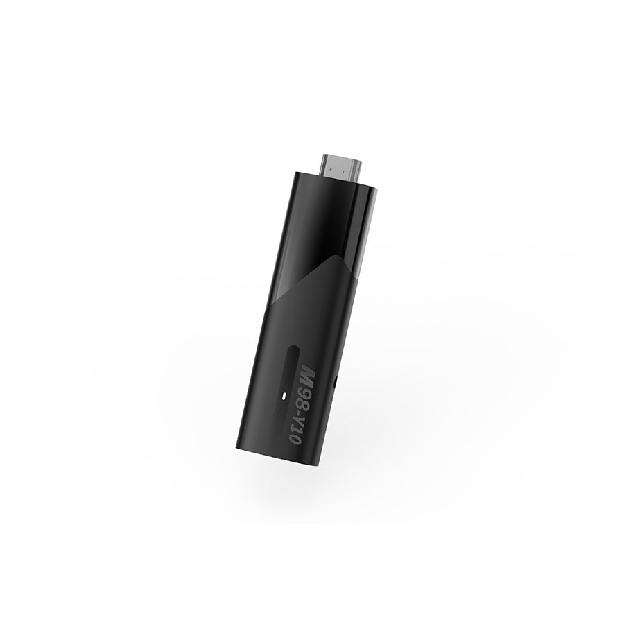 M98-Y10 TV stick featuring 4K Ultra HD resolution, Android 10, compact design, HDMI connection, and remote control for enhanced smart TV streaming experience.