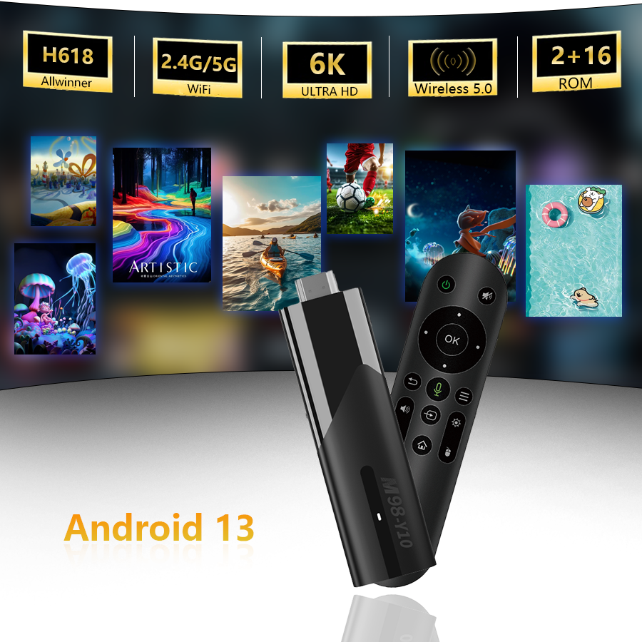 M98-Y10 with remote control and feature highlights on a dark background