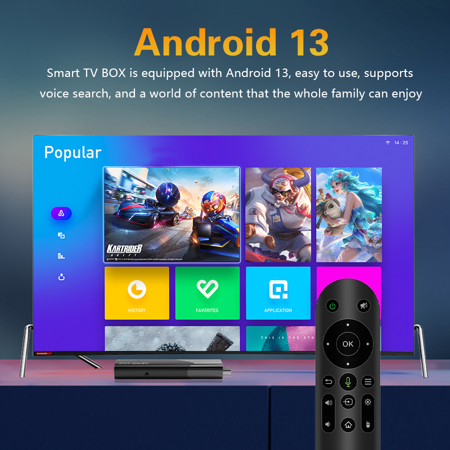 M98-Y10 with Android 13 interface, remote control, and text about features.