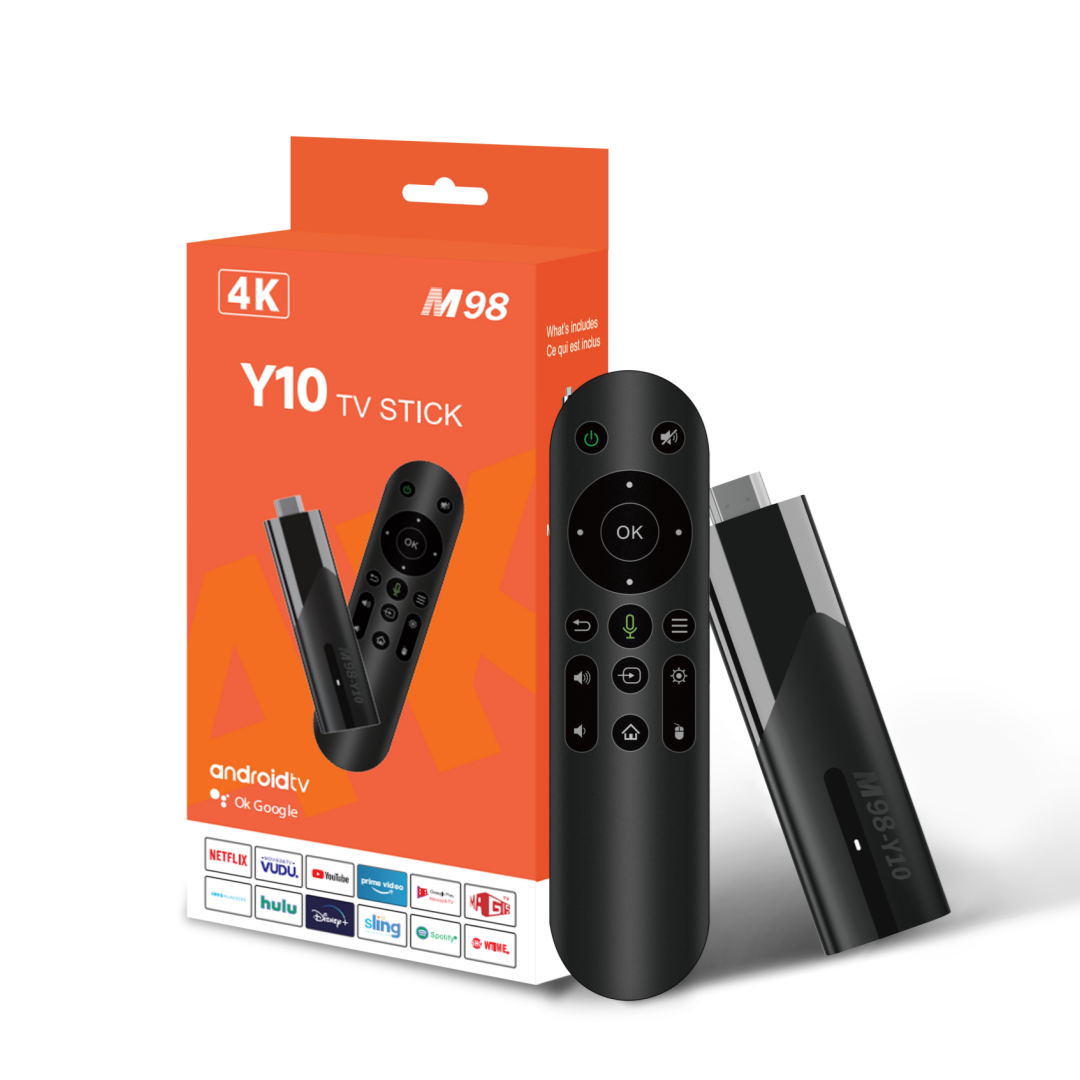 M98-Y10 TV stick in black with remote control, supporting 4K Ultra HD streaming, Android TV, and compatible with popular apps like Netflix, YouTube, Hulu, and Disney+. Comes with packaging highlighting features and specifications for smart TV entertainment.