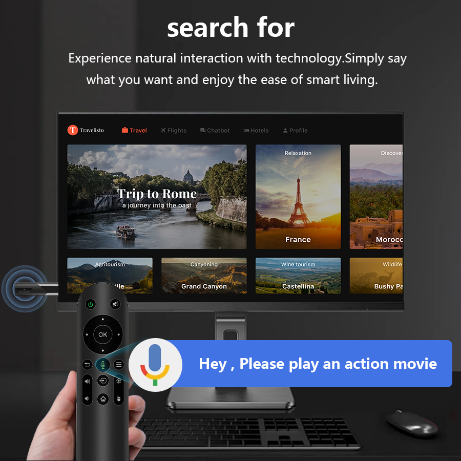 M98-Y10 TV stick with remote control featuring voice command, supporting 4K Ultra HD, Android 10, and smart TV compatibility for seamless entertainment and easy voice navigation.