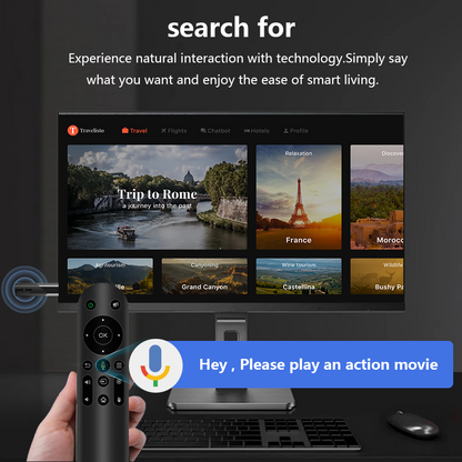 M98-Y10 TV stick with remote control featuring voice command, supporting 4K Ultra HD, Android 10, and smart TV compatibility for seamless entertainment and easy voice navigation.