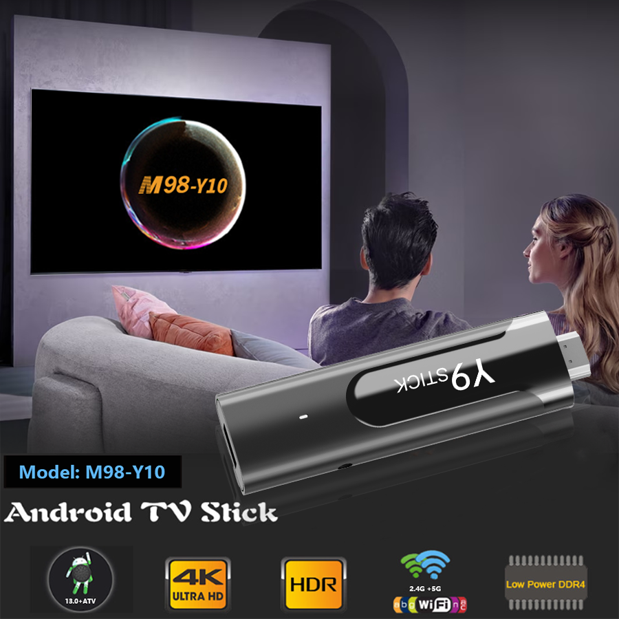 M98-Y9 Fire Tv Stick 4k screen displaying 8K Ultra HD, HDR10+, and 3D graphics, connected to a smartphone.