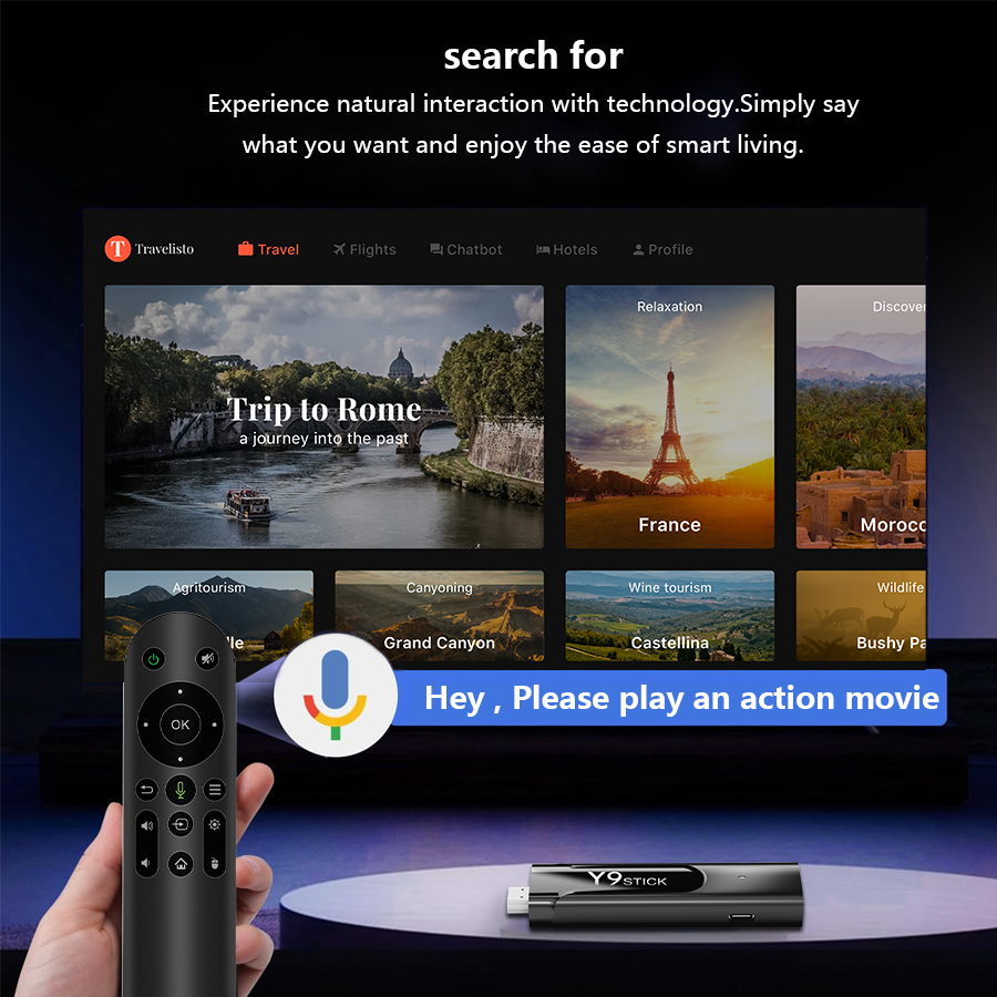 Smart home control system with remote control and screen displaying travel destinations.