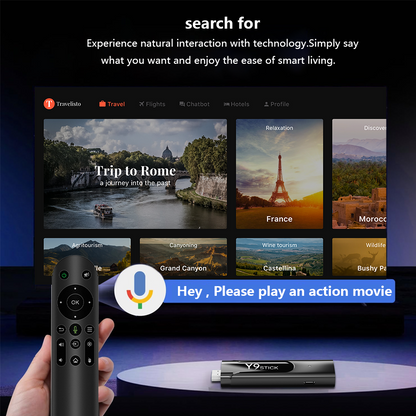 Smart home control system with remote control and screen displaying travel destinations.