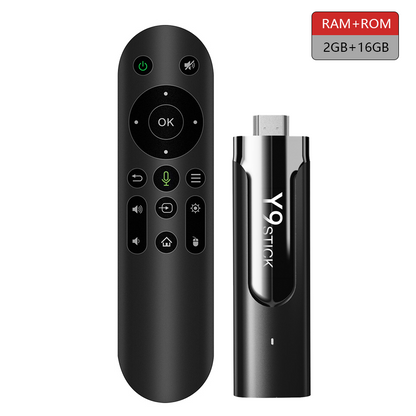 M98-Y9 media player featuring 6K Ultra HD resolution, dual WiFi (2.4G/5G), Android 13 OS, 2GB RAM + 16GB ROM, compact design, and remote control for seamless streaming on smart TVs.