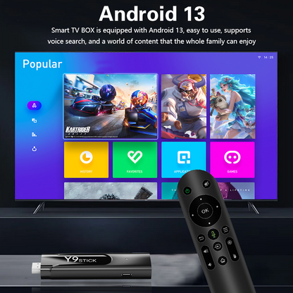 M98-Y9 TV stick media player with Android 13, 6K Ultra HD, dual WiFi (2.4G/5G), compact design, remote control, and easy streaming for smart TVs and home entertainment.