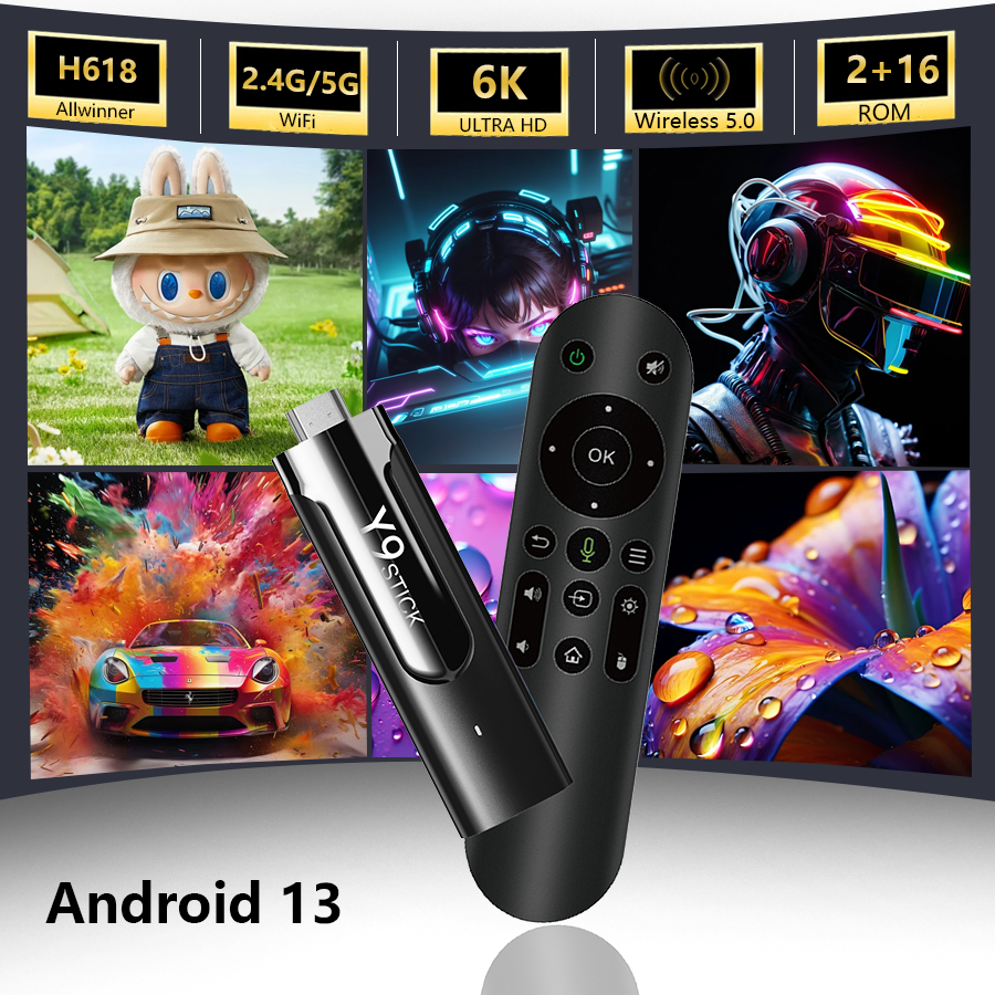 M98-Y9 with remote control displaying various features on a screen.