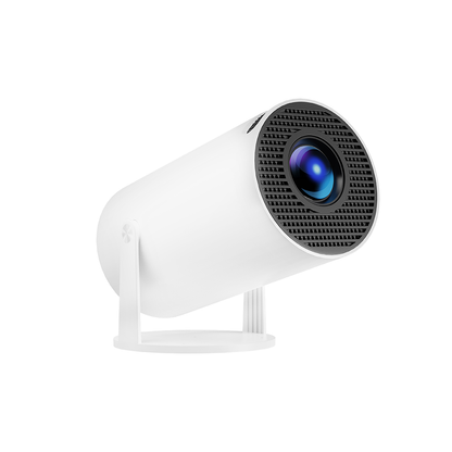 White compact home theater projector with a sleek cylindrical design and adjustable stand, featuring advanced projection technology for high-quality, immersive viewing experiences in a modern living room setting.