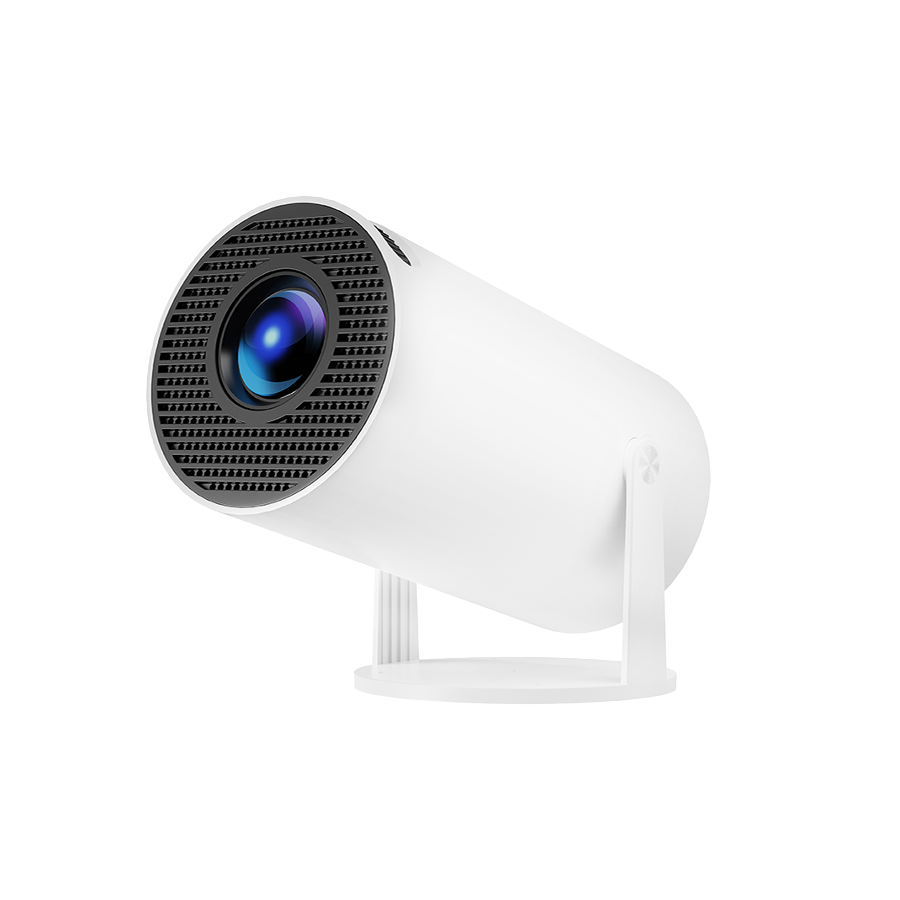 Modern white projector X10 with a sleek cylindrical design and adjustable stand, ideal for home theater and professional presentations, featuring advanced projection technology for high-quality images.