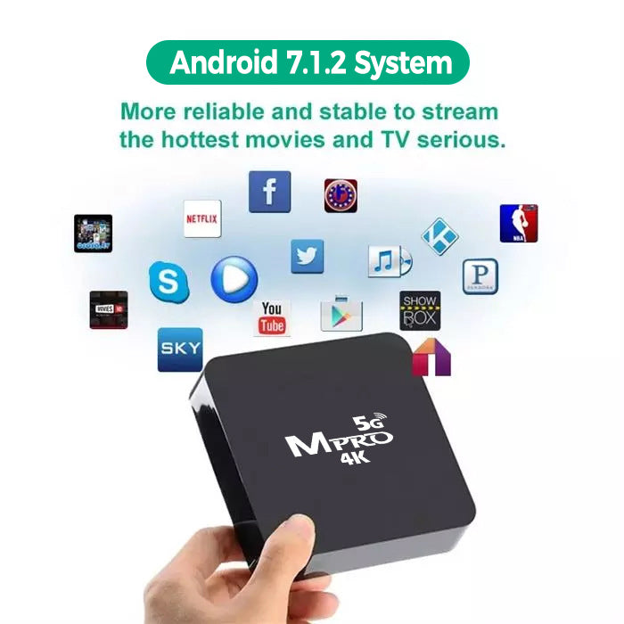 MXQ Pro 5G 4K Android TV Box with Android 7.1.2 system, supporting Netflix, YouTube, Facebook, Skype, Kodi, and popular streaming apps for stable UHD entertainment