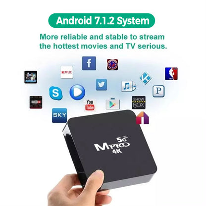 MXQ Pro 5G 4K Android TV Box with Android 7.1.2 system, supporting Netflix, YouTube, Facebook, Skype, Kodi, and popular streaming apps for stable UHD entertainment