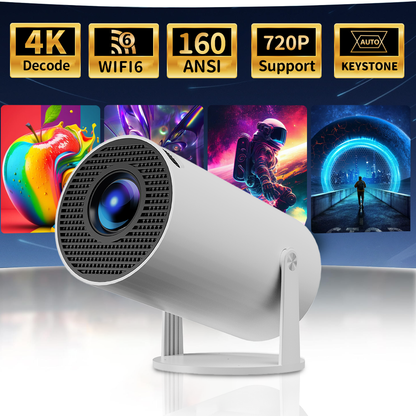 White 4K home theater projector with high-resolution decoding, Wi-Fi 6 support, 160 ANSI lumens brightness, 720p support, and Keystone correction, ideal for immersive movie experiences and modern entertainment setups.
