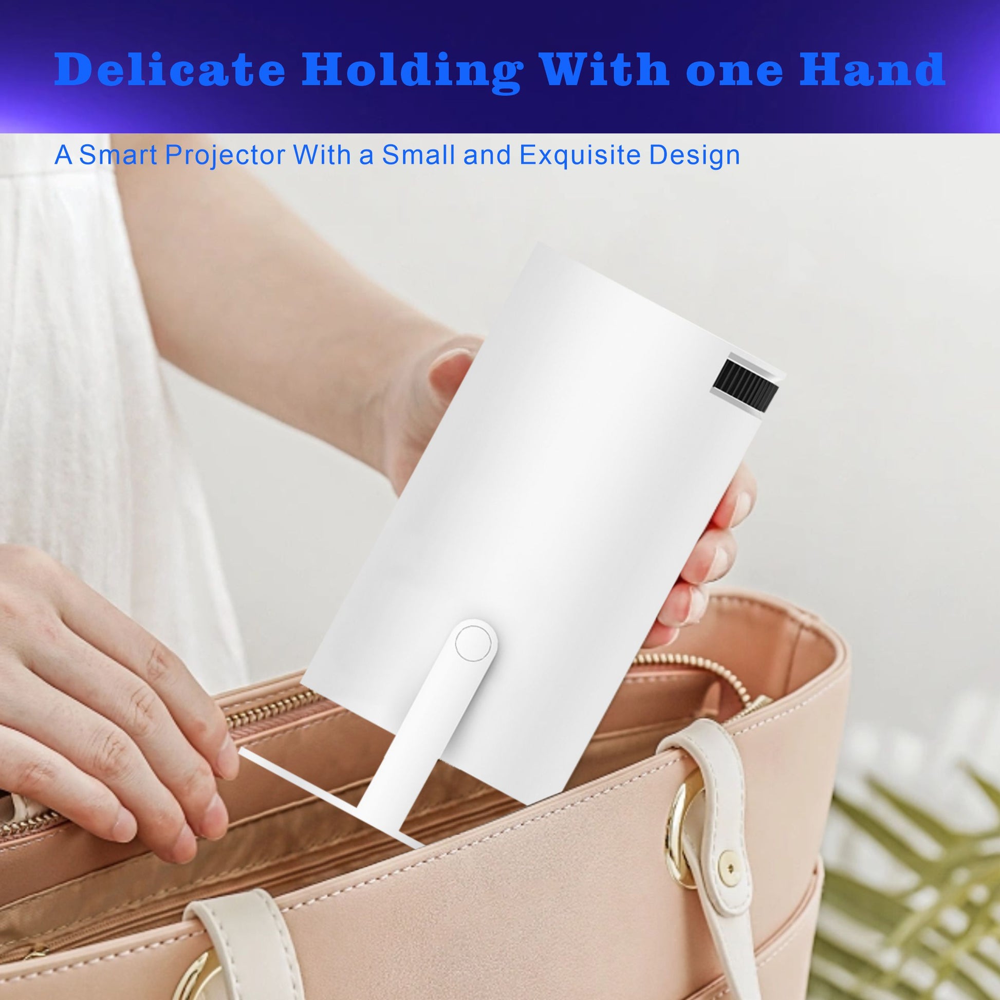Person holding a sleek, white compact handheld projector with a small and exquisite design, demonstrating its portability and ease of use for on-the-go home entertainment and presentations.